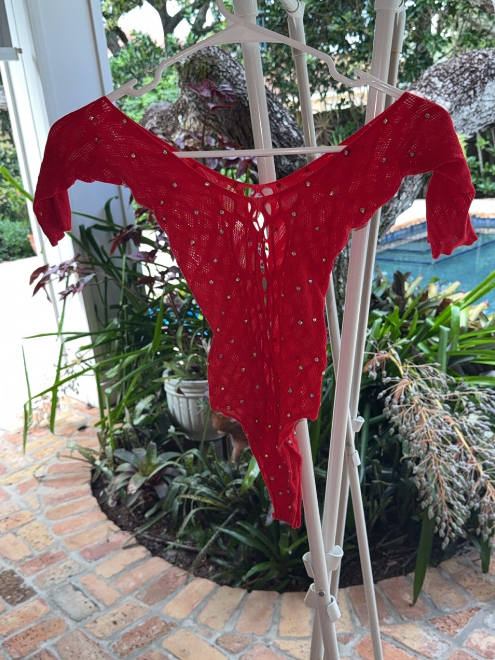 Women’s Red Off-Shoulder Studded Knit Bodysuit